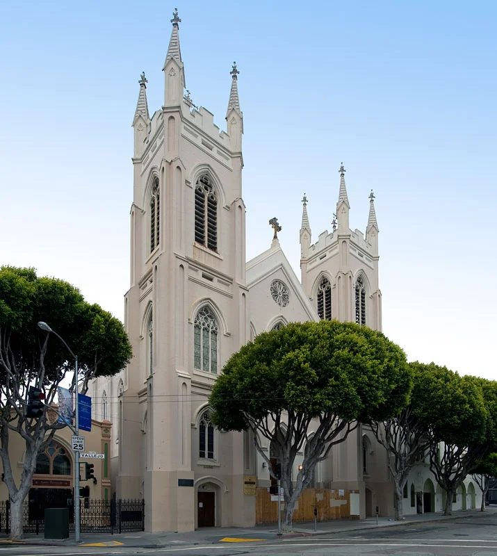 The white Gothic towers of the National Shrine of St. Francis of Assisi in San Francisco